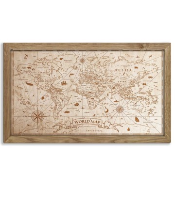 Drewniany obraz – Mapa Świata Vintage w dębowej ramie - 20x30cm