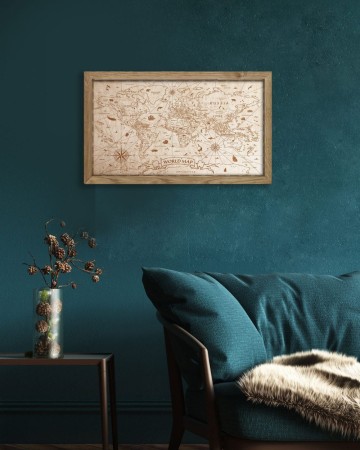 Drewniany obraz – Mapa Świata Vintage w dębowej ramie - 20x30cm