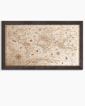 Drewniany obraz – Mapa Świata Vintage w dębowej ramie - 20x30cm