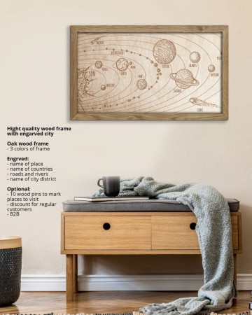 Drewniany obraz – Układ planet w dębowej ramie - 20x30cm