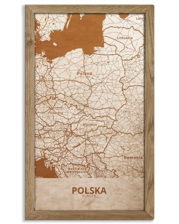 Drewniany obraz państwa - Polska w dębowej ramie - 20x30cm